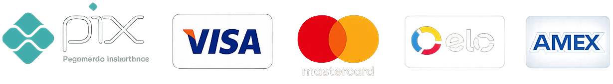 Bandeiras de pagamento: Pix, Visa, Mastercard, Elo e Amex